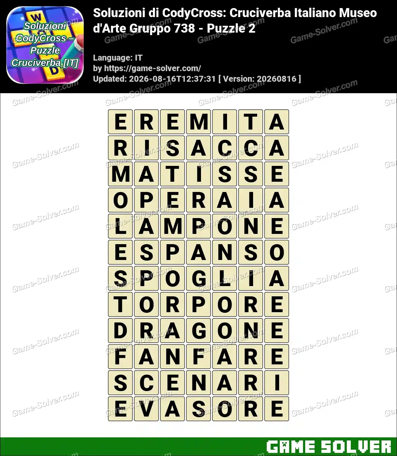 Soluzioni di CodyCross: Cruciverba Italiano Museo d’Arte Gruppo 738 – Puzzle 2
